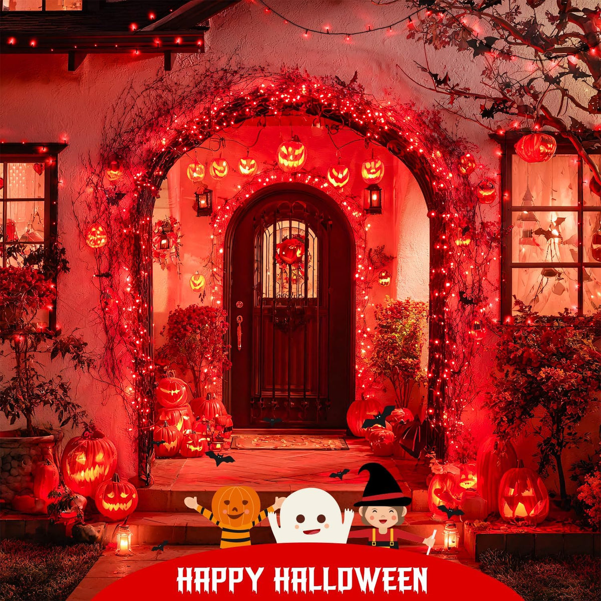 JMEXSUSS Total 200 LED Red Lights Halloween Outdoor, 2 Pack Solar Halloween Lights Outdoor