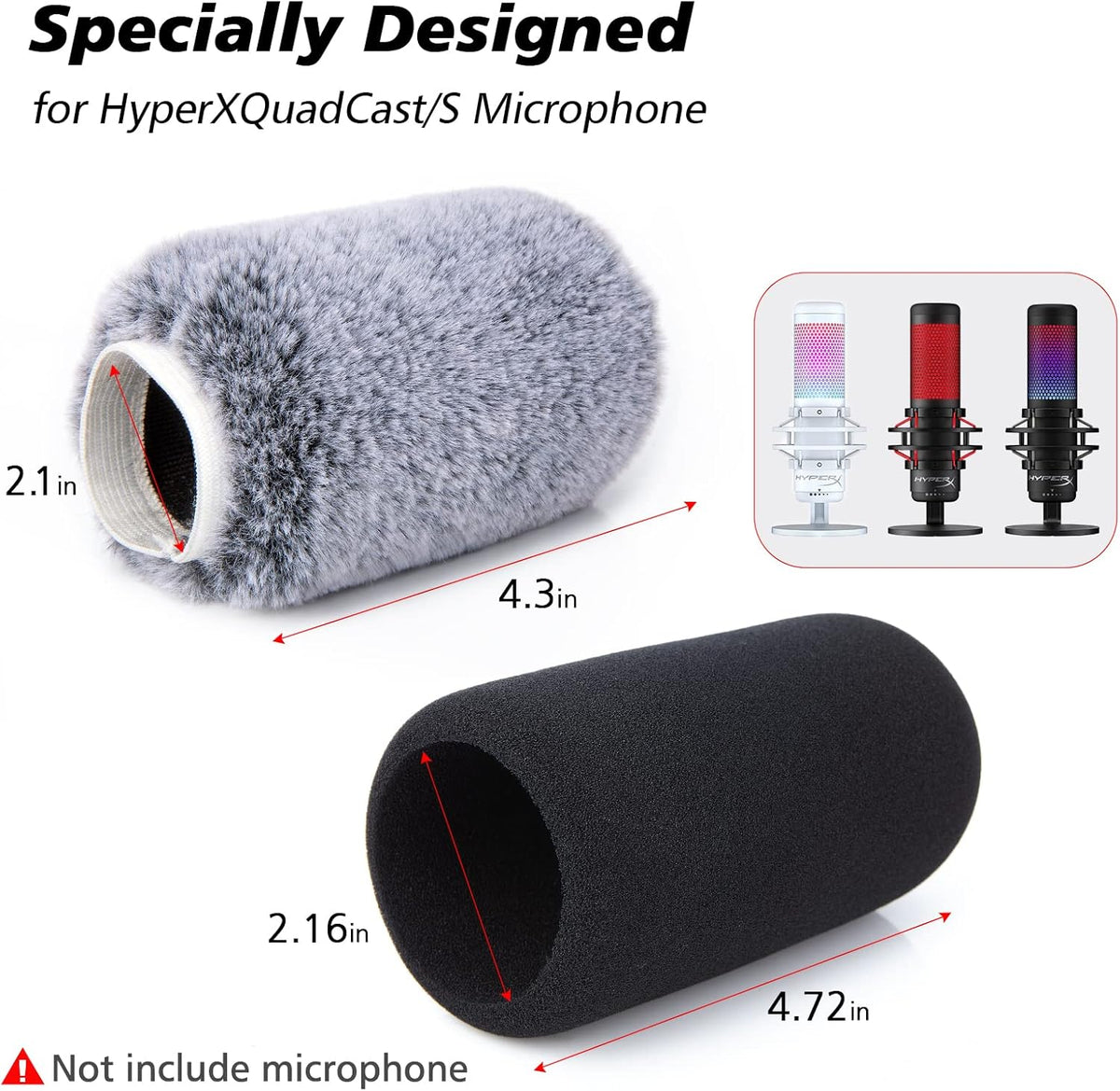 Microphone Windscreen Pop Filter Compatible with HyperX QuadCast - Mic Foam Cover with Furry