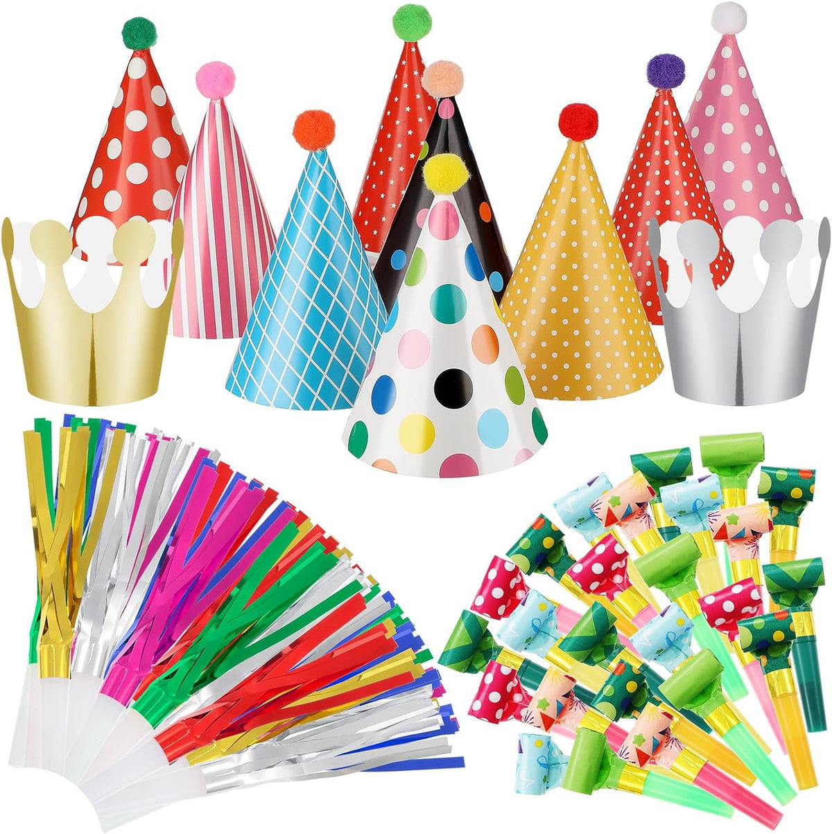 Skylety 59 Pieces Party Cone Hats with Colorful Blowers and Metallic Fringed Noisemakers Birthday