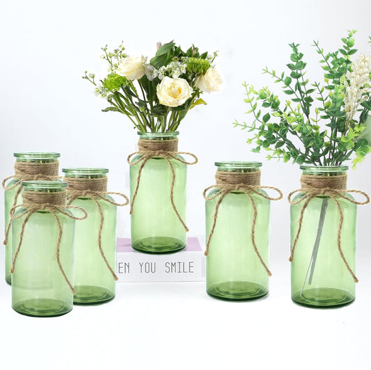 Vintage Glass Flower Vase，6 Pack Green Farmhouse Glass Centerpiece Vases Mason Jars for Weddings