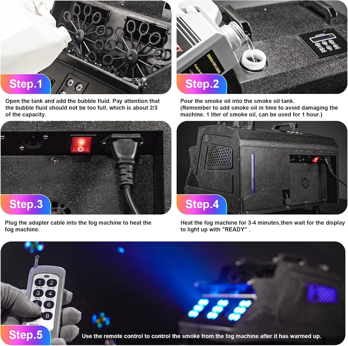 2000W Fog Machine, 3 in 1 Fog Bubble Machine with 2 Bubble Fans, 18 RGB LED Lights Smoke Bubble ALL