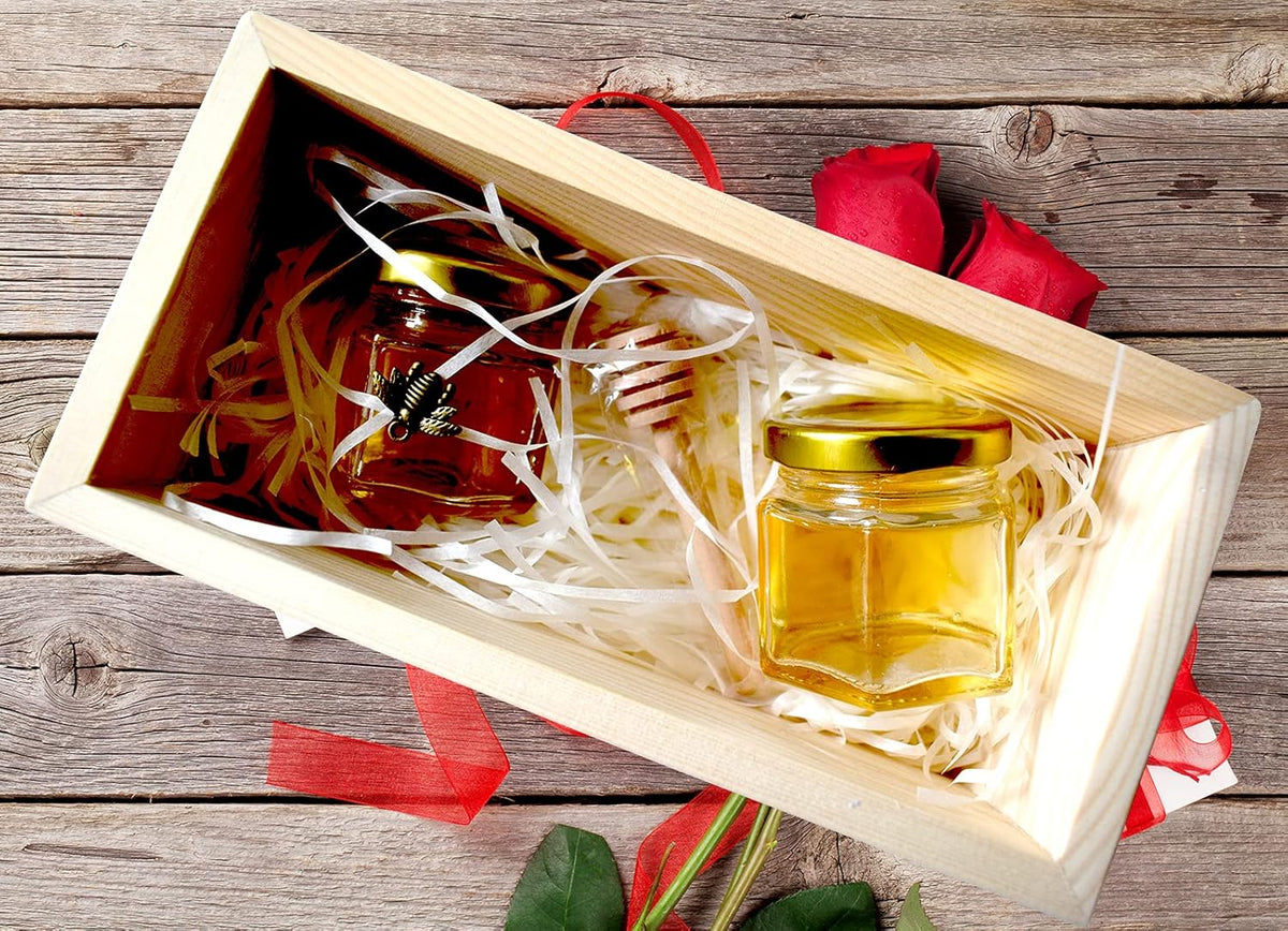 Adabocute Honey Pot 2oz, Mini Glass Honey Jars with Wood Dipper, Gold Lid, Bee Pendants, Beige Gift
