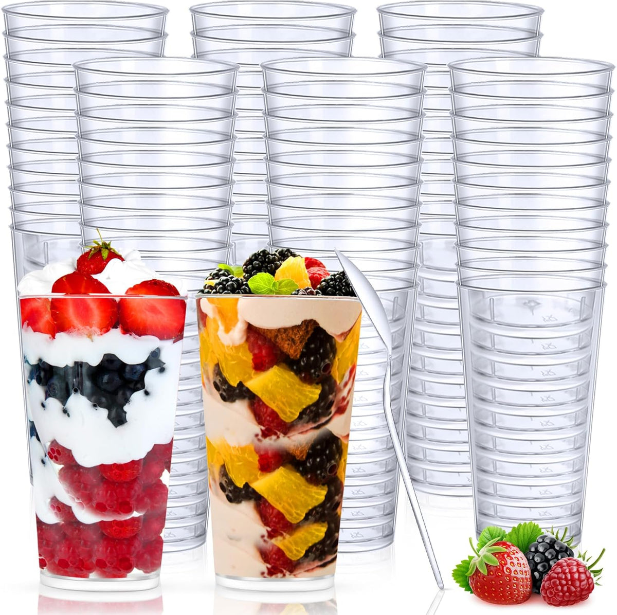CHENGU 3 oz Clear Plastic Mini Dessert Cups with Spoons - Round Parfait Appetizer Cups, Shot