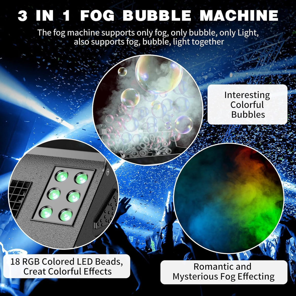2000W Fog Machine, 3 in 1 Fog Bubble Machine with 2 Bubble Fans, 18 RGB LED Lights Smoke Bubble ALL