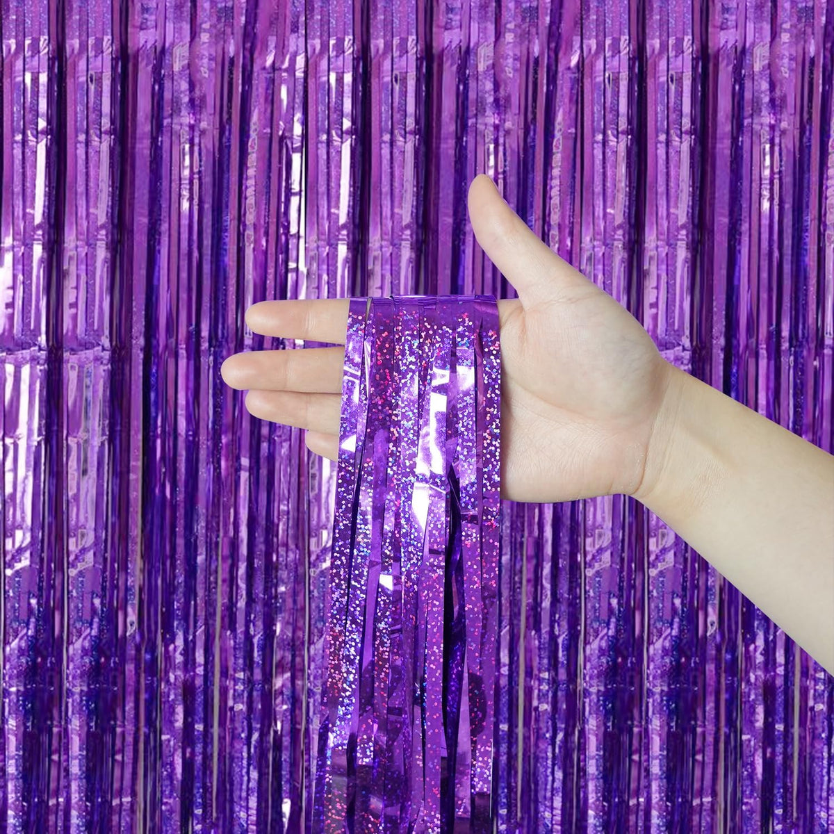 QRabbit 4 Pack Purple Tinsel Foil Fringe Curtains - 3.3x6.6 Ft Metallic Party Streamers Backdrop