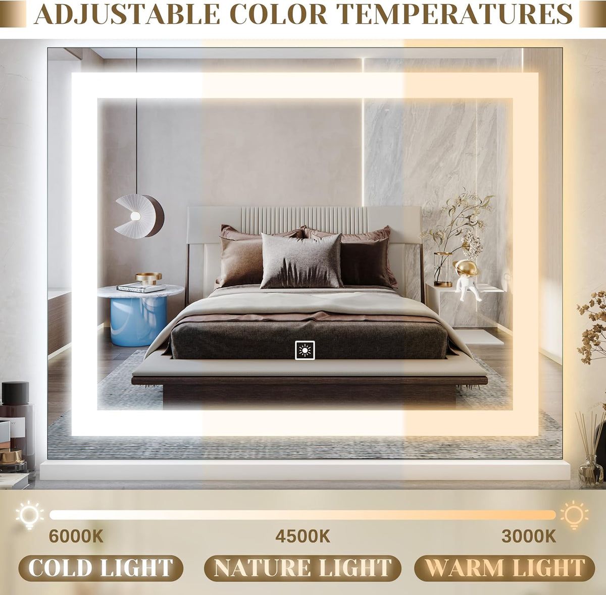 Lighted Vanity Mirror with Lights, LED Makeup Mirror with 3 Color Modes, Touch Dimming, Wall