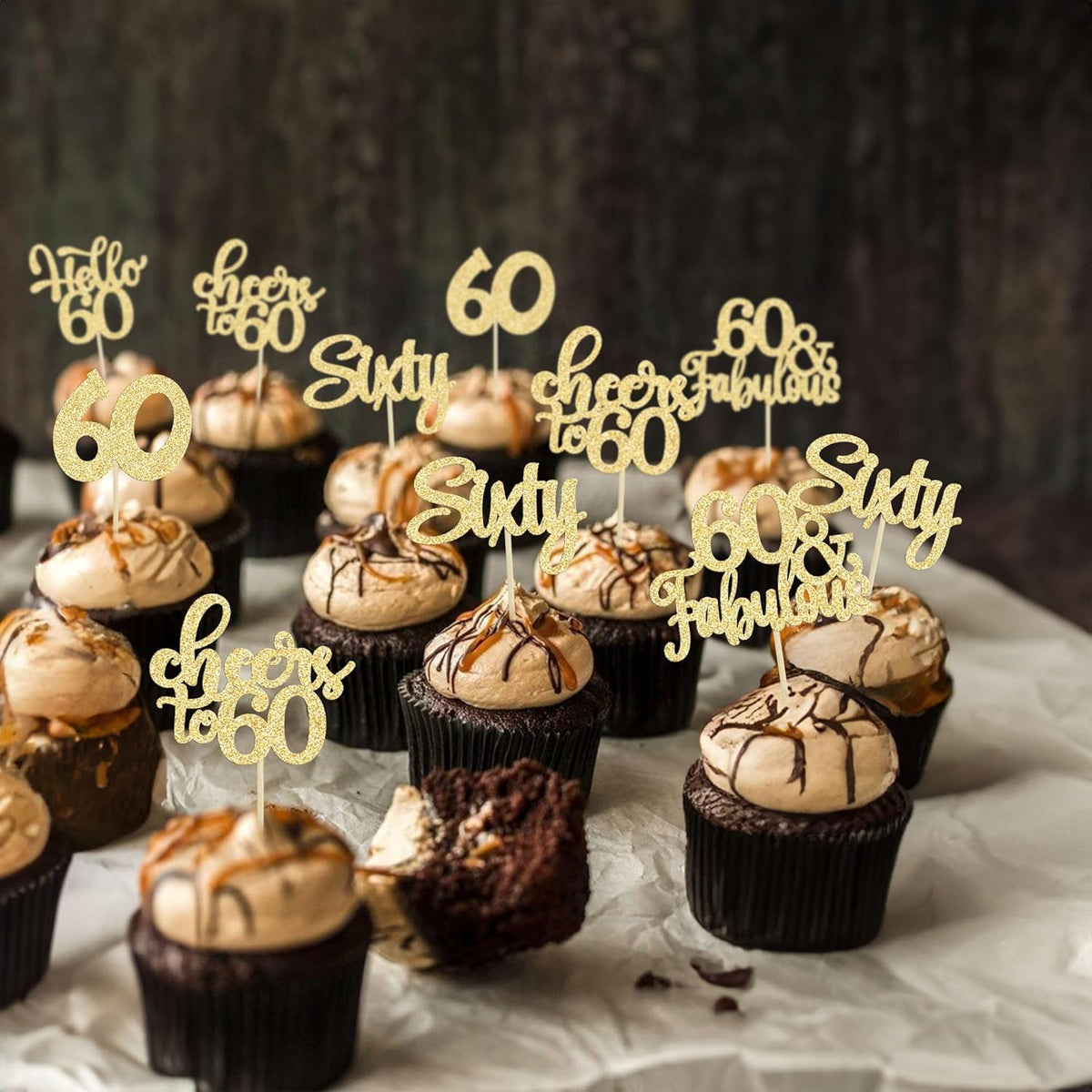 30Pcs Happy 60th Birthday Cupcake Toppers Gold Glitter Sixty Cake Toppers Cheers to 60 Years Old