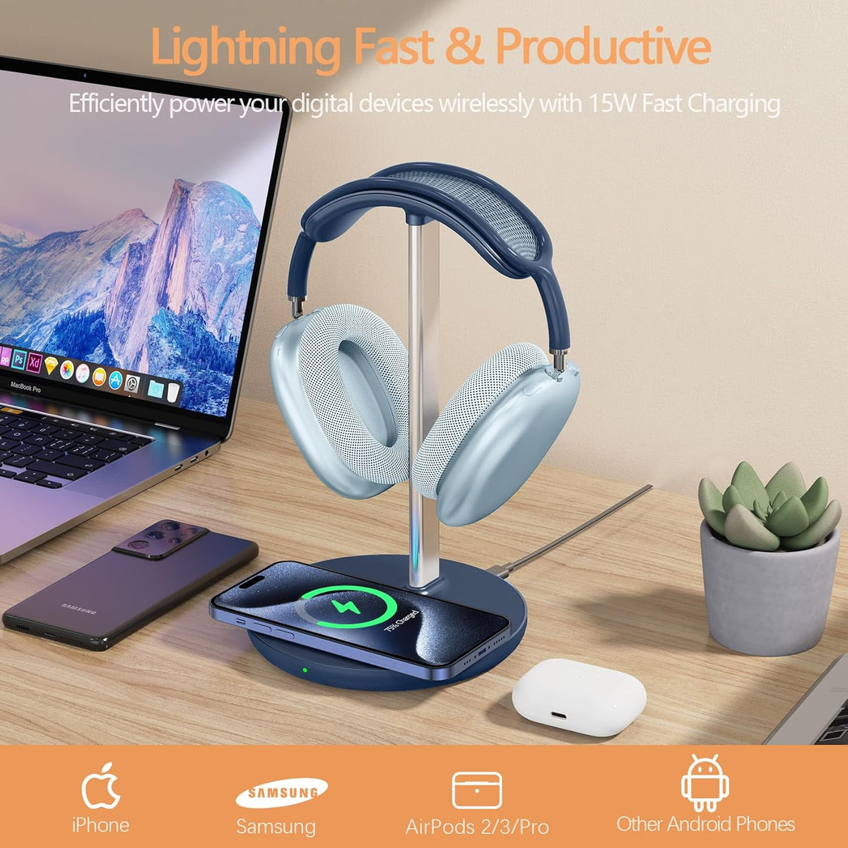 Headphone Stand with Wireless Charger, Gaming Headset Holder Hanger Rack 2 in 1 Wireless Charging