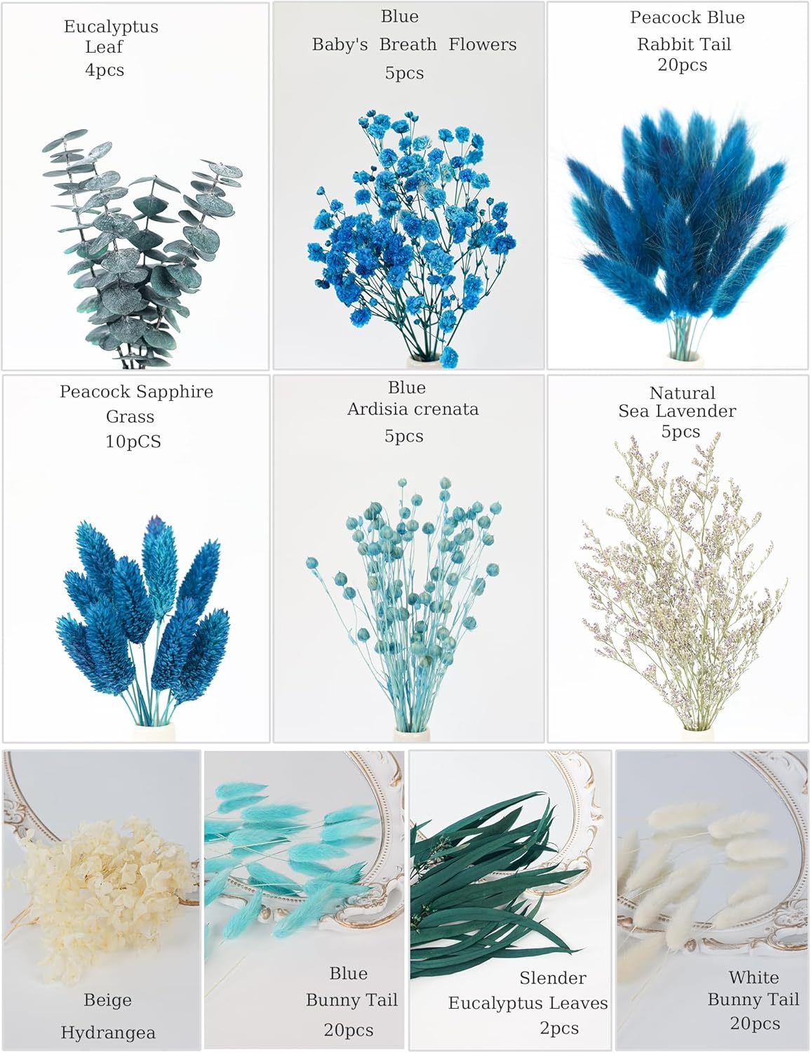 xin's convey DIY Natural Dried Flower Set, Blue Large Package with Stem Flowers for Vases, Handmade