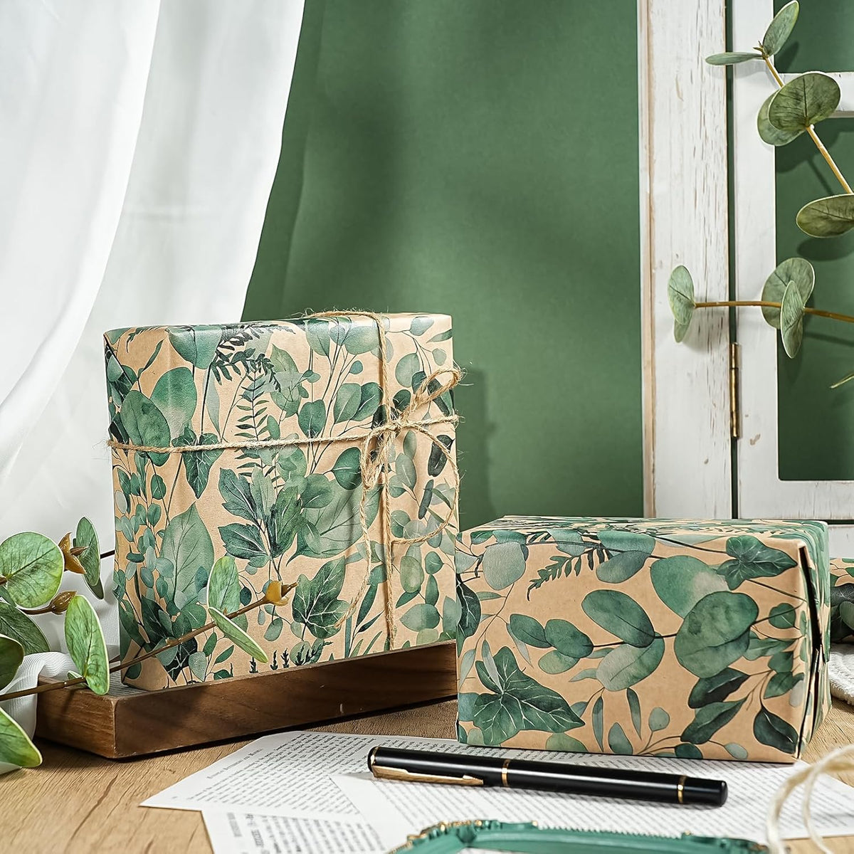 WRAPAHOLIC Kraft Eucalyptus Leaves Wrapping Paper Roll - Mini Roll - 17 Inch x 16.5 Feet - Greenery