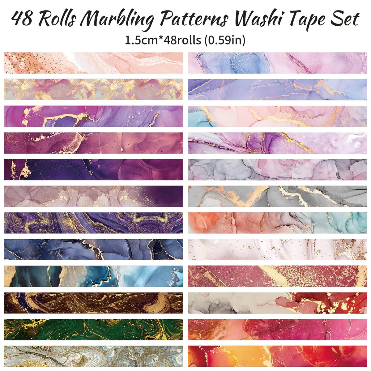 48 Rolls Washi Tape Set - Decorative Masking Tape Colored Marbling Patterns, Adhesive Artists Tapes