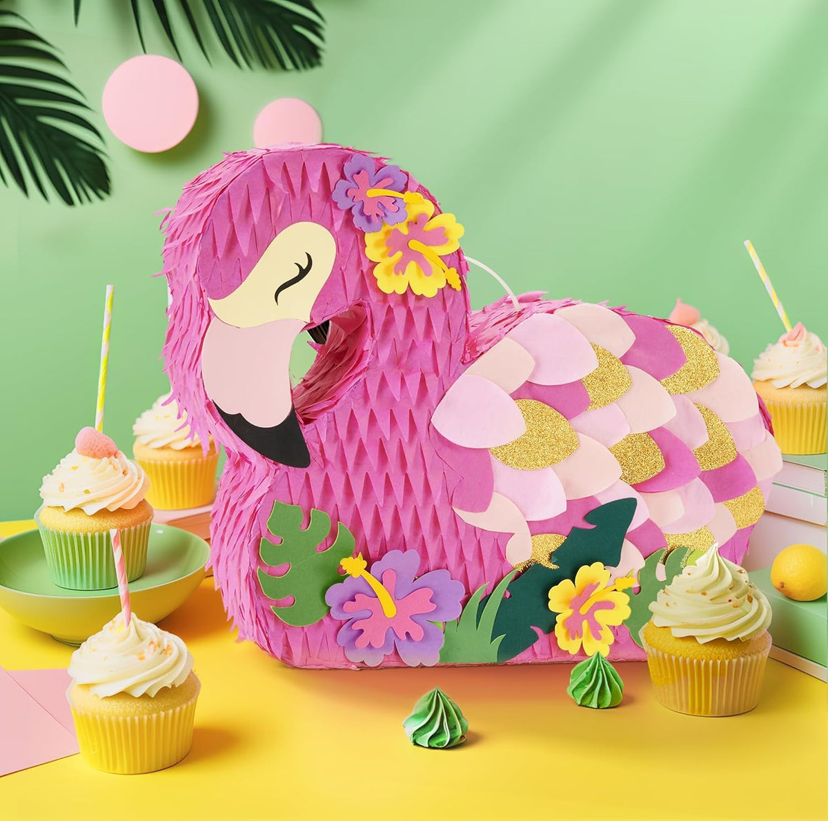 WERNNSAI Flamingo Piñata - Pink Piñata Bundle with Blindfold and Bat for Girls Kids Tropical