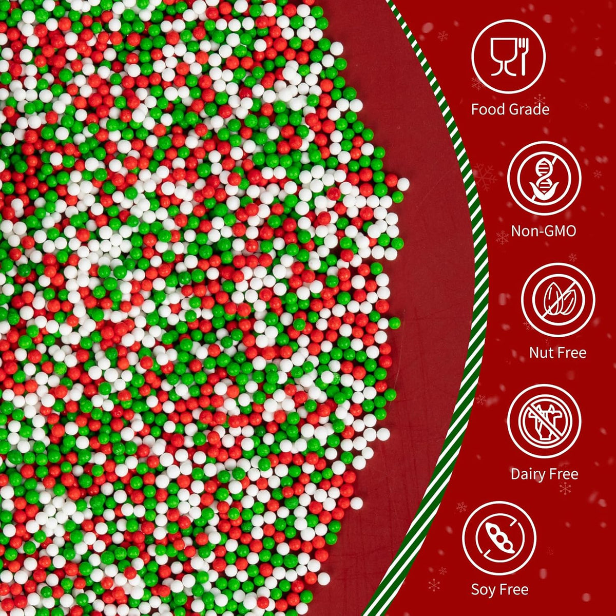 Christmas Nonpareils Sprinkles for Cake Decorating,130g White Red and Green Mini Pearls Mix,Edible