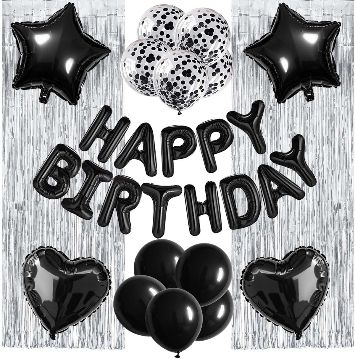 29 Pcs Black Silver Birthday Party Decorations - Happy Birthday Balloons Banner, Heart & Star Foil