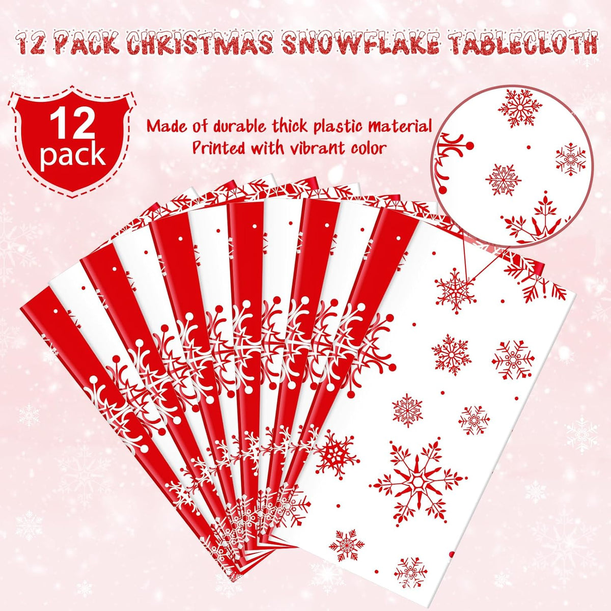 12 Pieces Christmas Snowflake Plastic Party Tablecloth Decorations,54x108 inch Disposable White Red
