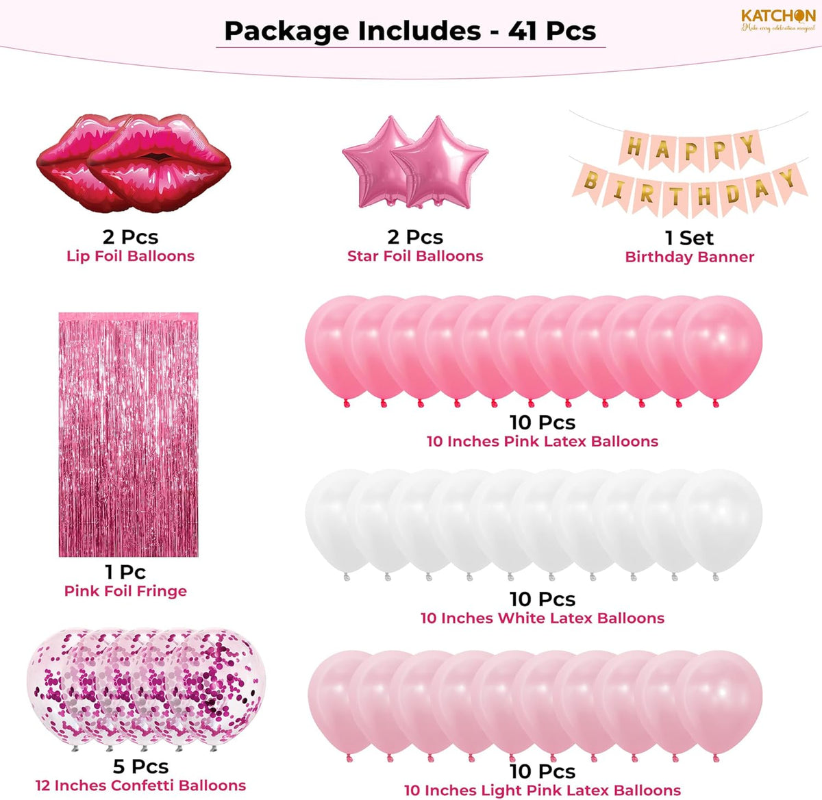 KatchOn, Pink Birthday Decorations Set – Pack of 42 | Happy Birthday Banner & Lip Decor | Happy
