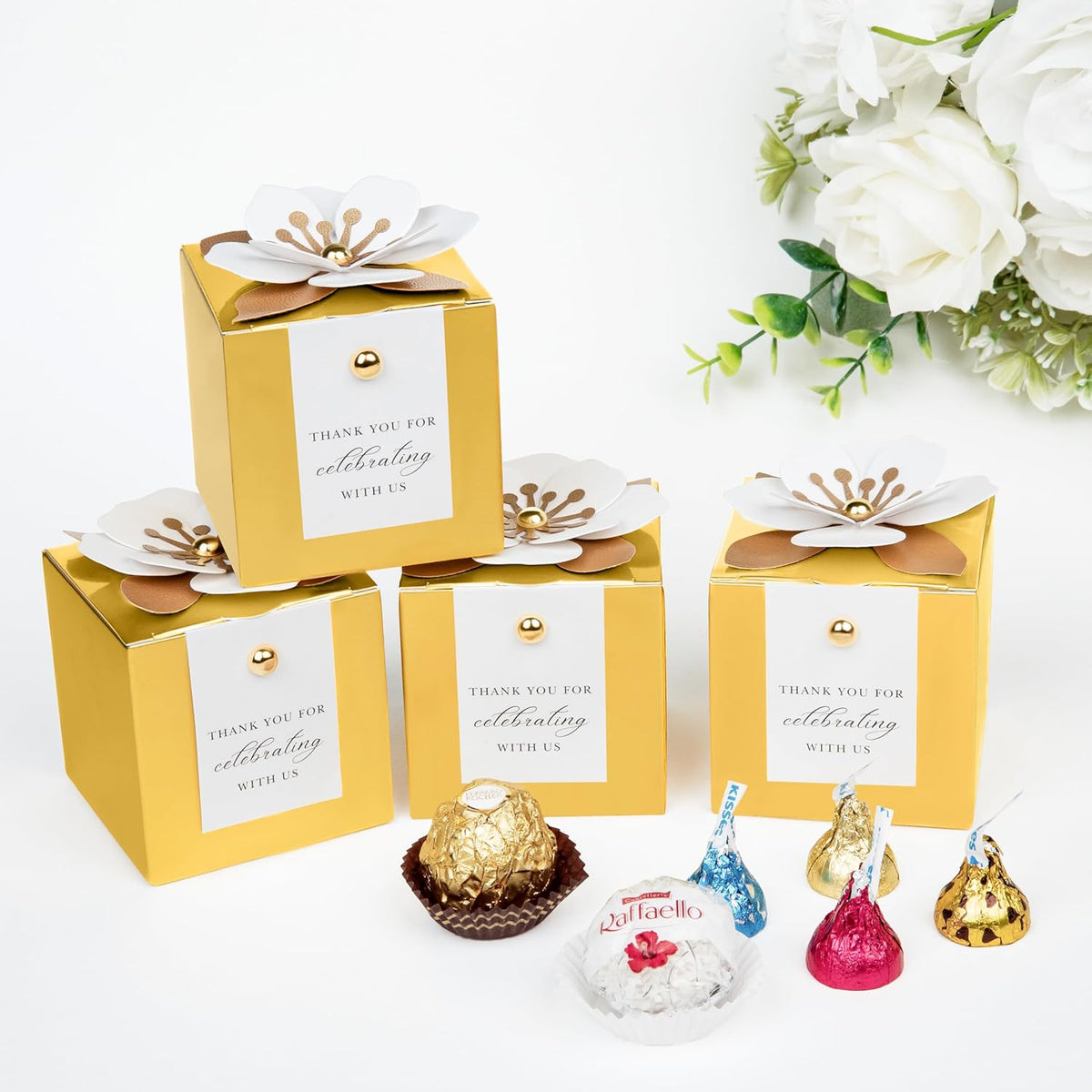 FEIYI 20 PCS Candy Boxes, 3 In 1 Gold Favor Boxes with Floral Decor, White Thank You Tags Gift
