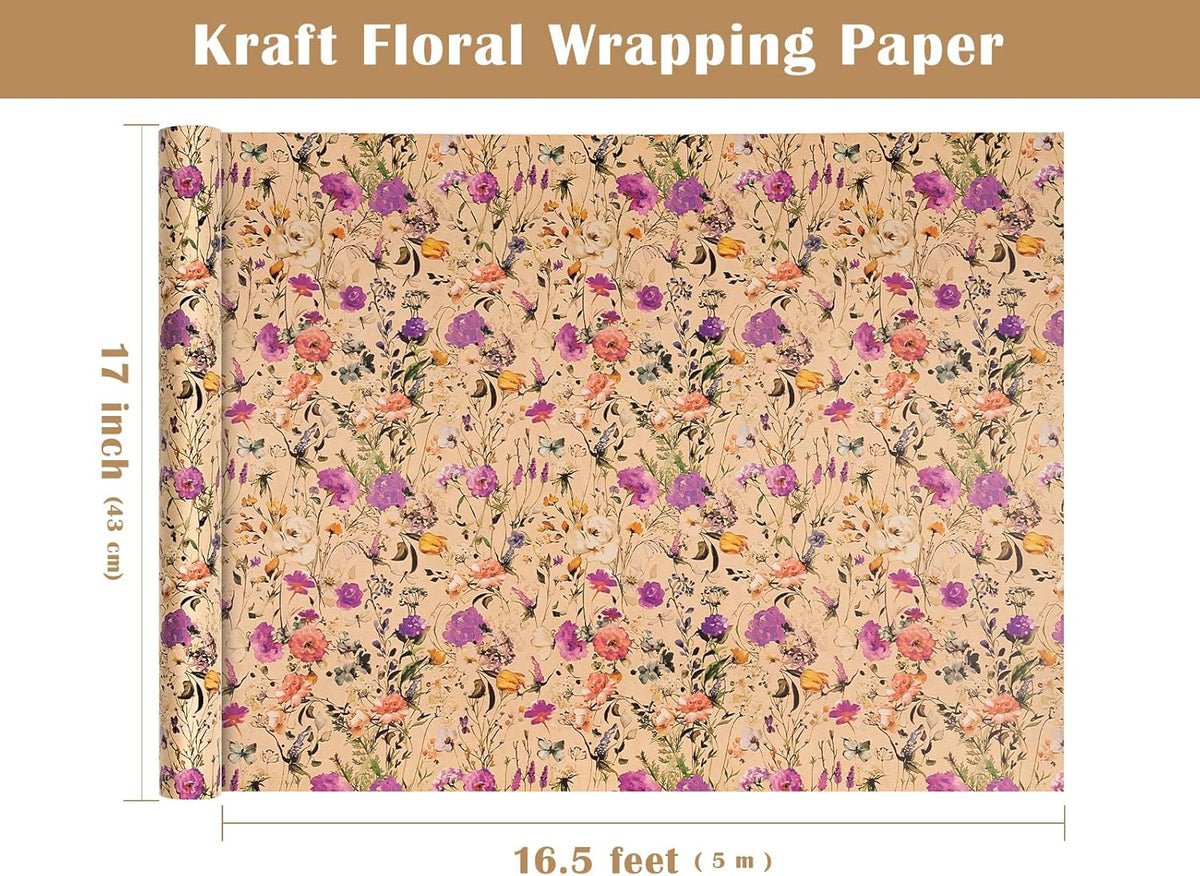 WRAPAHOLIC Kraft Floral Wrapping Paper Roll - Mini Roll - 17 Inch x 16.5 Feet - Garden Wildflower