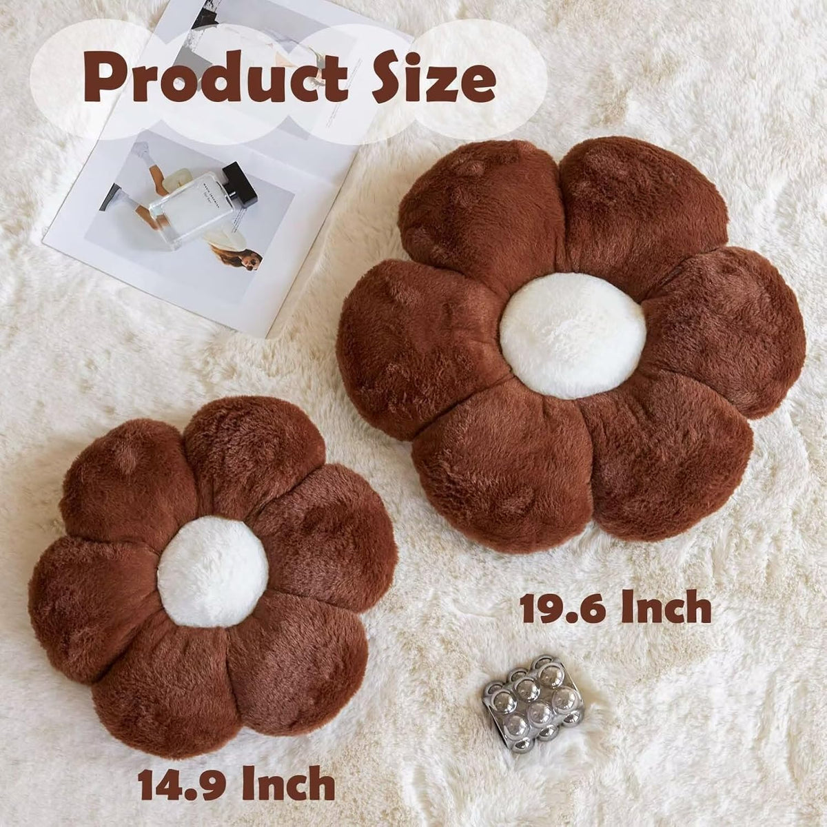 Brown Flower Pillow, Cute Decorative Flower Shaped Throw Pillow with Faux Rabbit Fur, 14.9" Soft