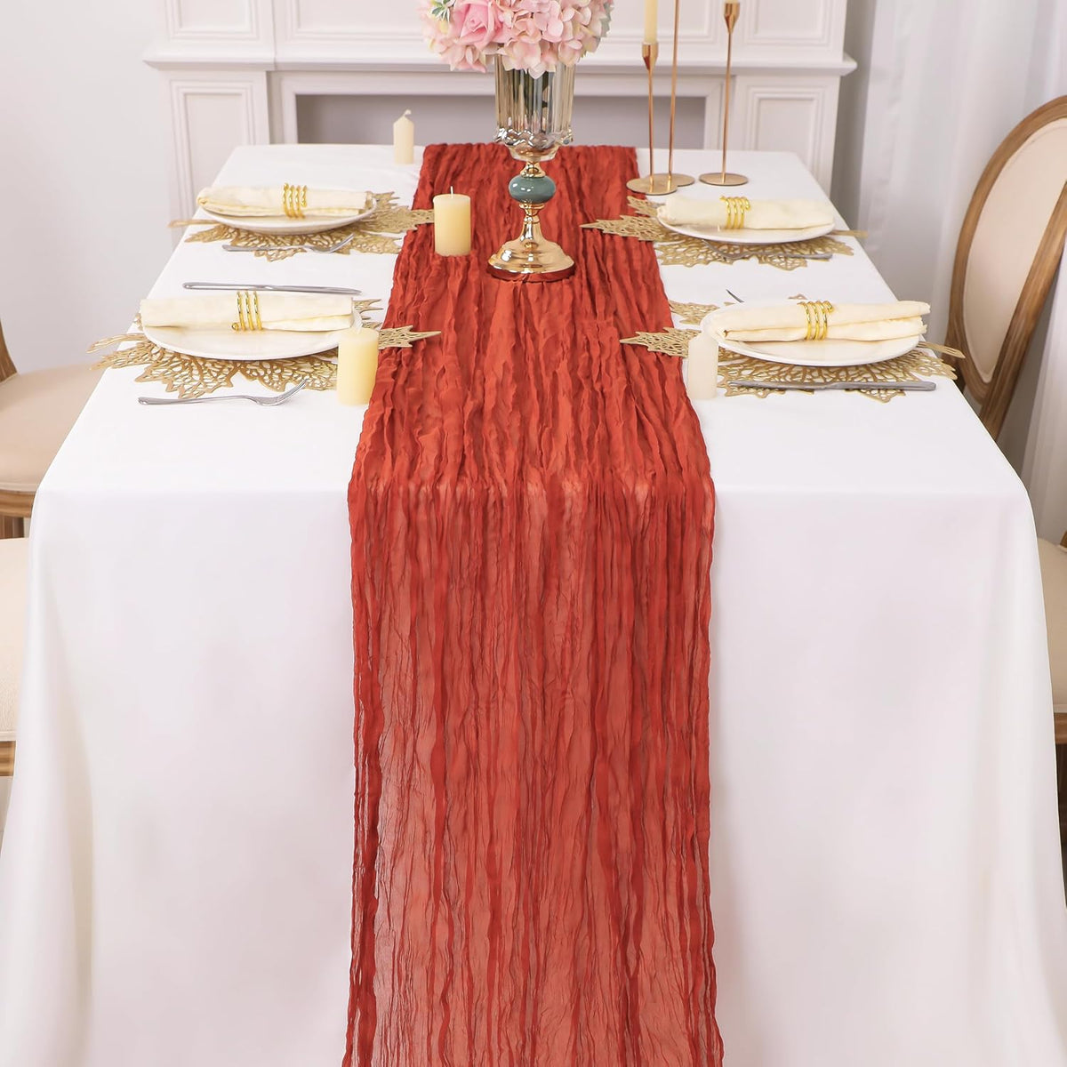 Snowkingdom 10 Ft Fall Table Runner Terracotta Cheesecloth, 120 inch Long Rust Burnt Orange Cheese
