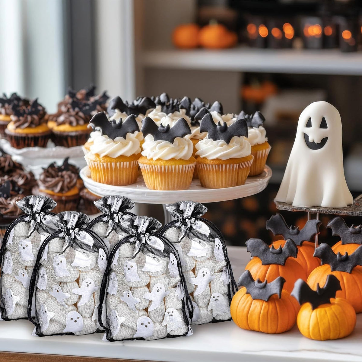 Whaline 100Pcs Halloween Organza Drawstring Bags Cute Foil Silver Ghost Jewelry Gift Bag 4''x6''
