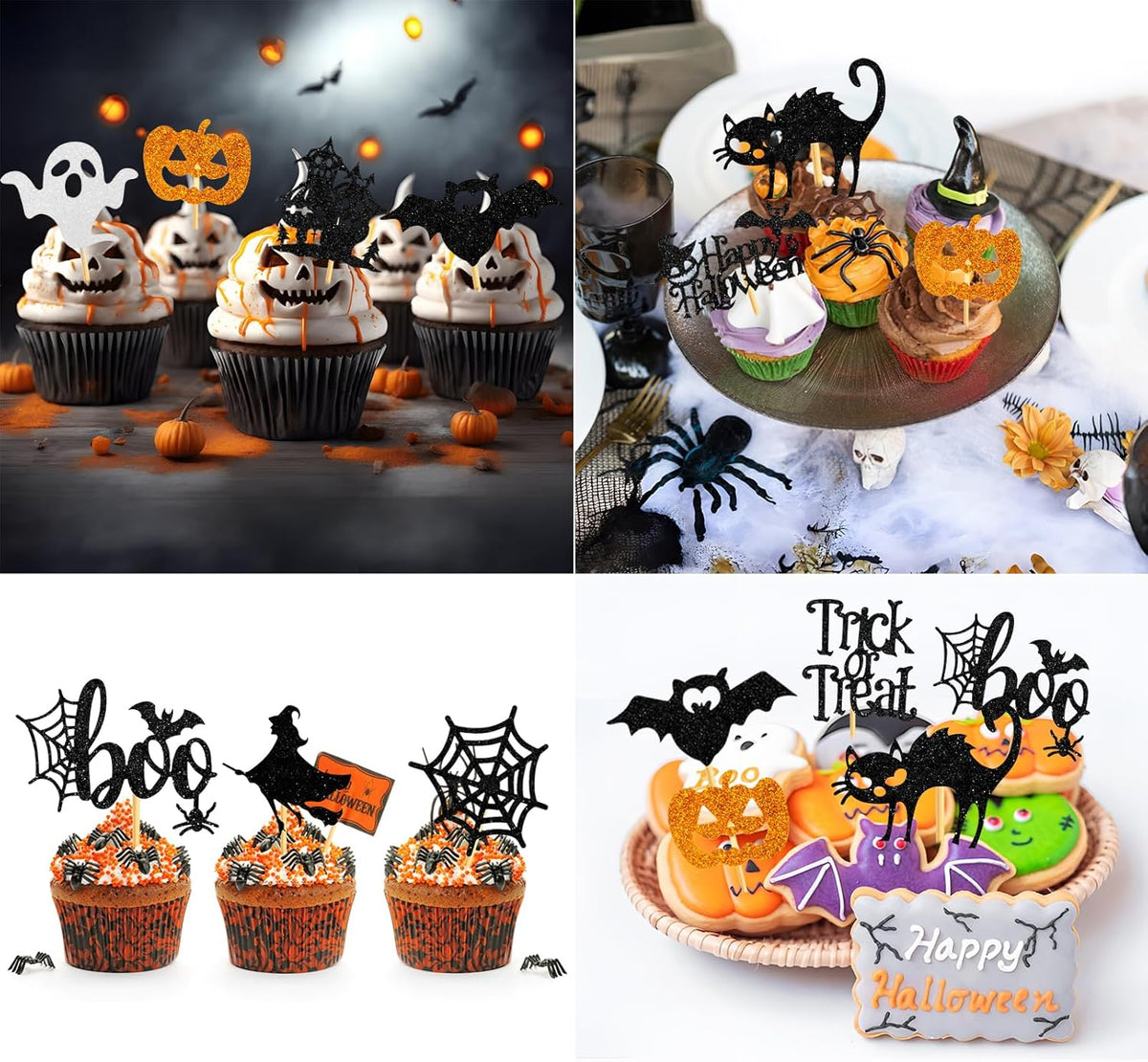 60Pcs Halloween Cupcake Toppers, Bat Pumpkin Ghost Cupcake Decorations for Halloween Party