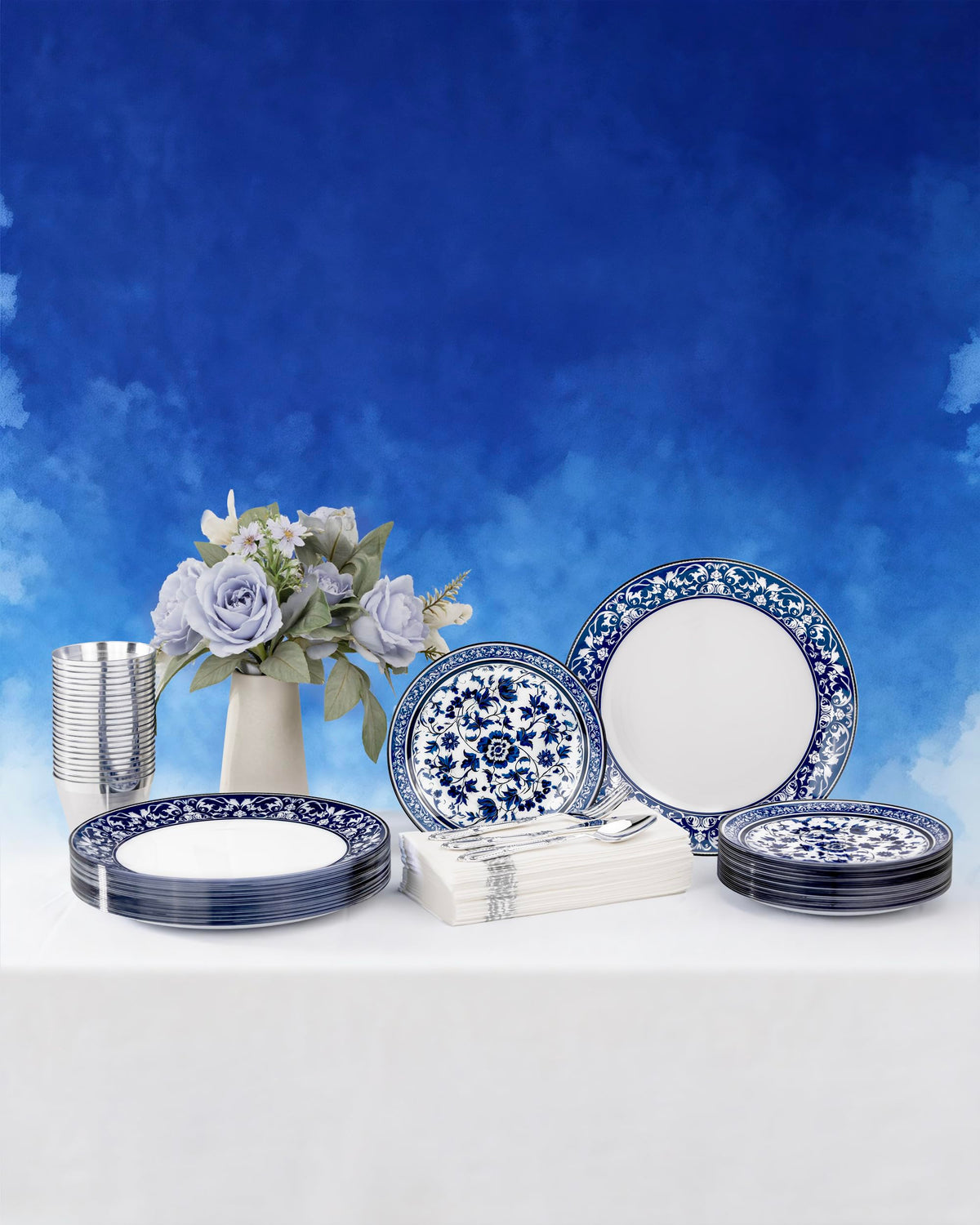 Hioasis Blue Plastic Plates, Fancy Disposable Pates, 60 Pcs for 30 Guests