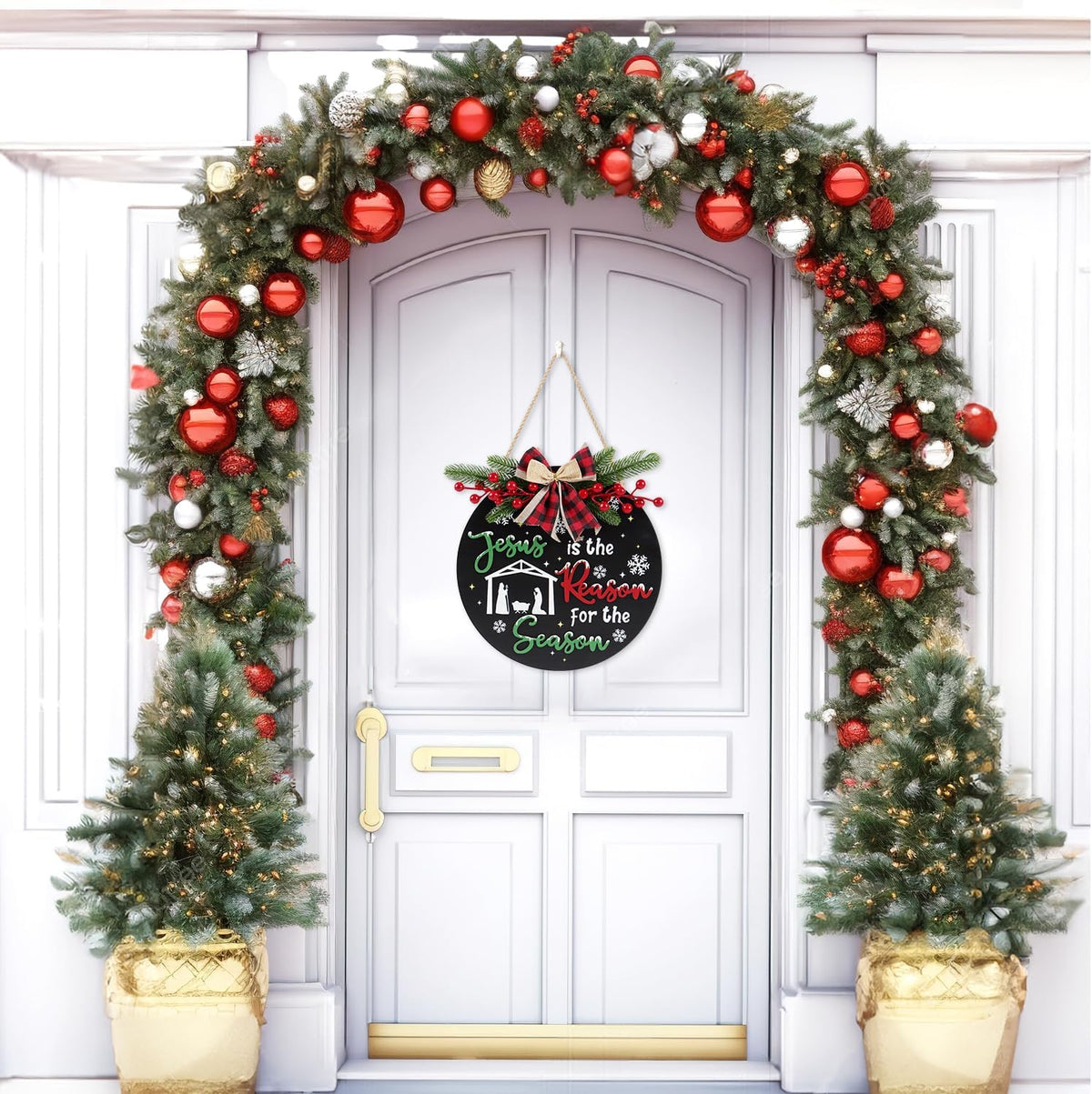 CHDITB Jesus is The Reason for The Season Front Door Sign Wreath(11.4"), Red Green Christmas