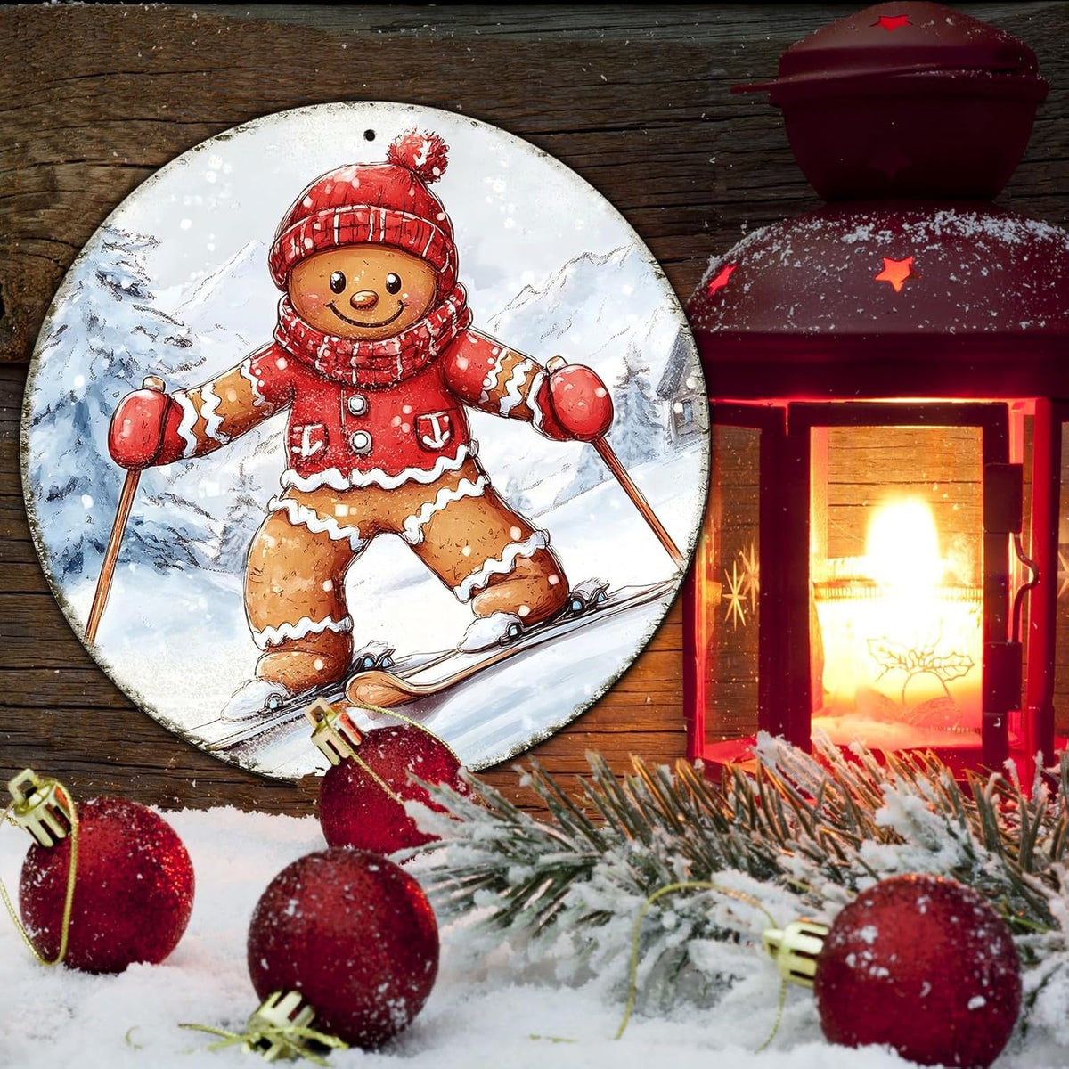 Round Gingerbread Man Ski Vintage Metal Sign Skiing Sign, Office Sign Home Décor Ski Lodge Décor
