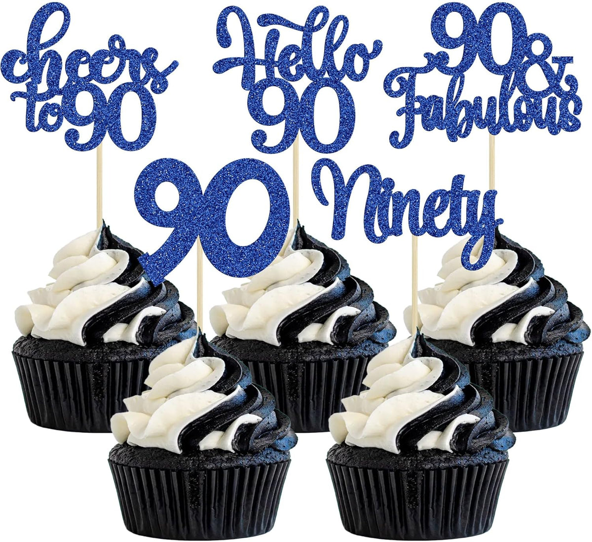30pcs Happy 90th Birthday Cupcake Toppers - Deep Blue Glitter Ninety Cheers to 90 Years Old Cupcake