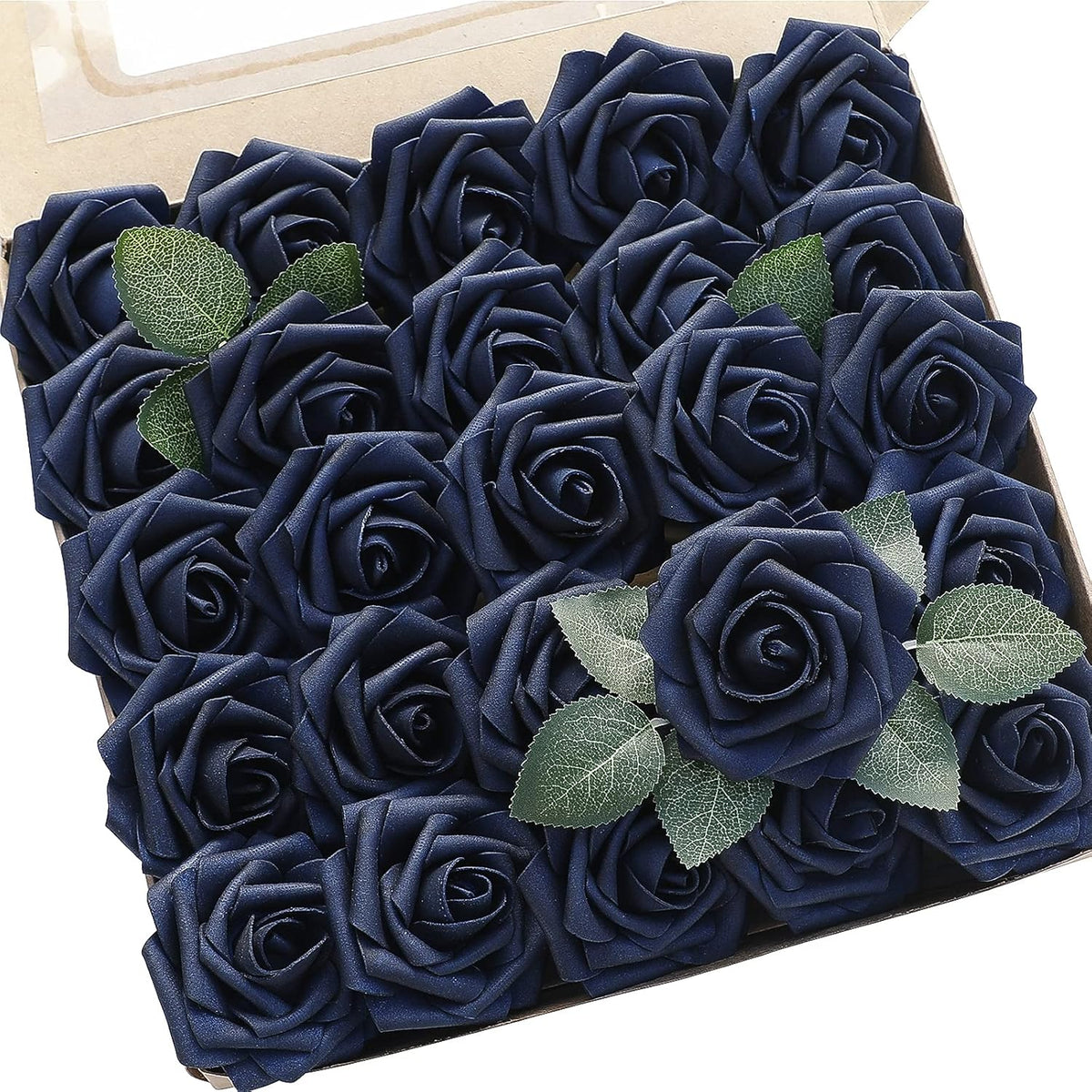 Floroom Artificial Flowers 25pcs Real Looking Navy Blue Foam Fake Roses with Stems for DIY Wedding