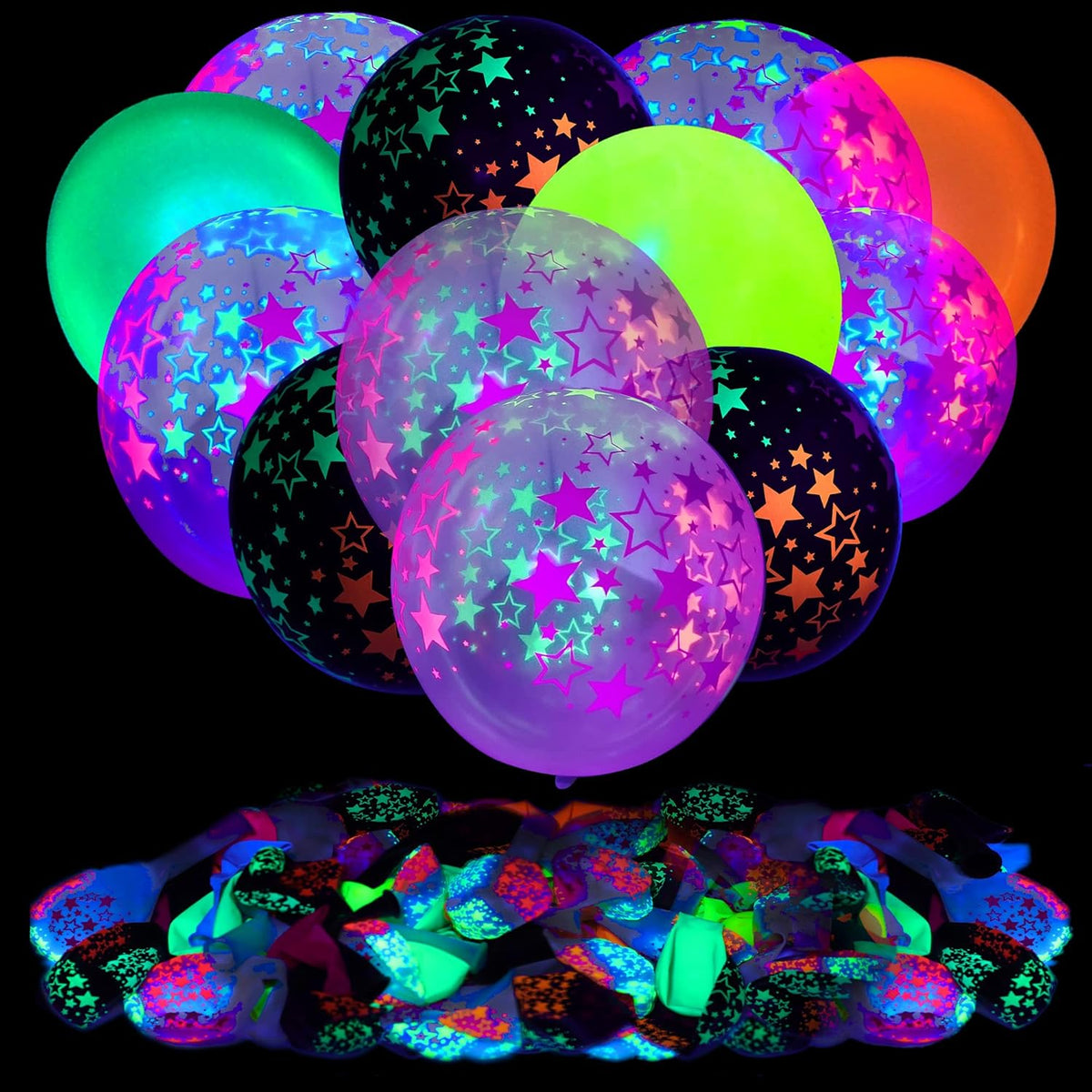 90 Pcs UV Neon Balloons ,Neon Stars Glow Party Black Light in the dark for Birthday Decorations