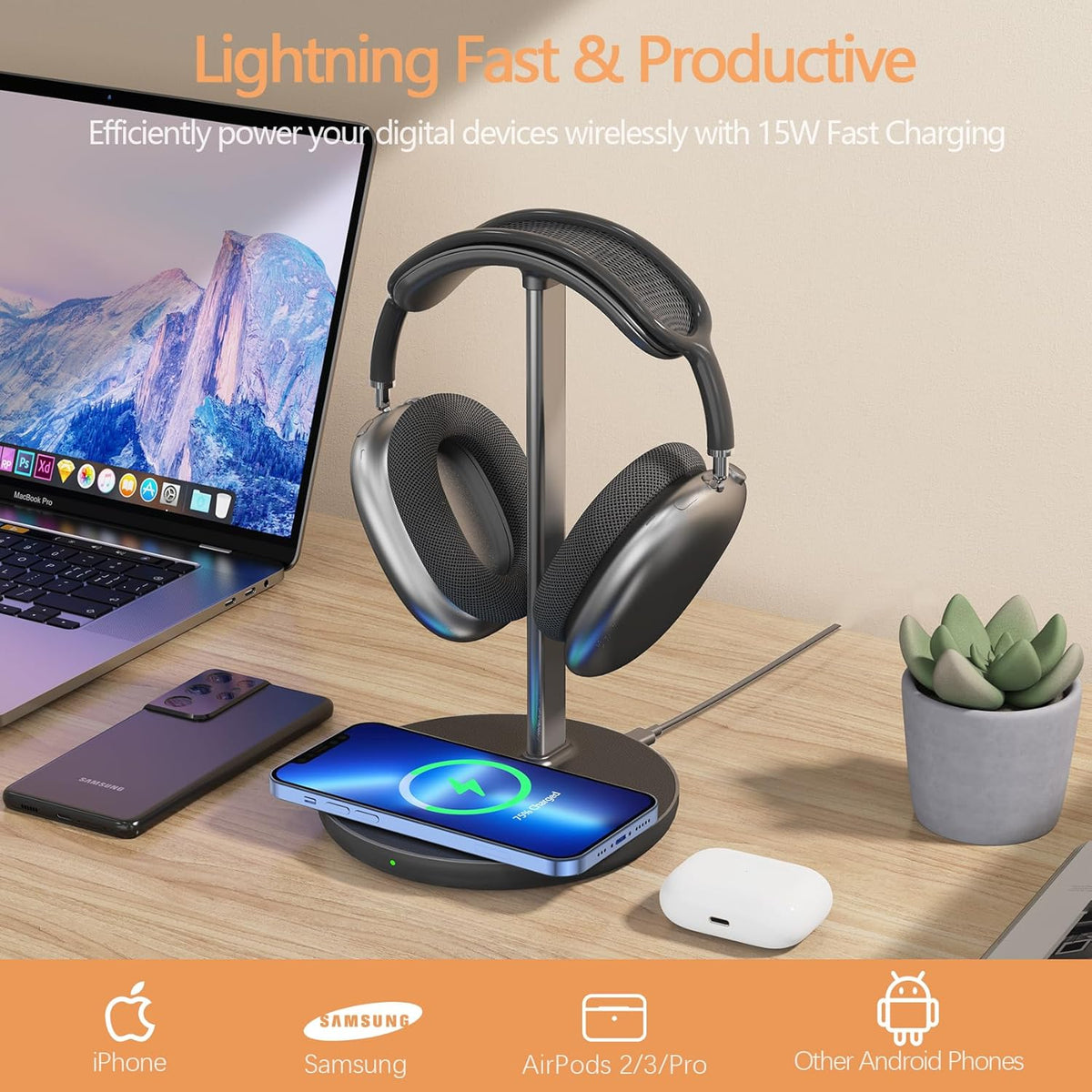 Headphone Stand with Wireless Charger, Gaming Headset Holder Hanger Rack 2 IN 1 Wireless Charging