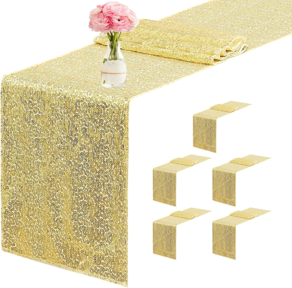 6 Packs 12 x 72 inches Sequin Table Runner, Gold Glitter Table Runner for Birthday Party Supplies