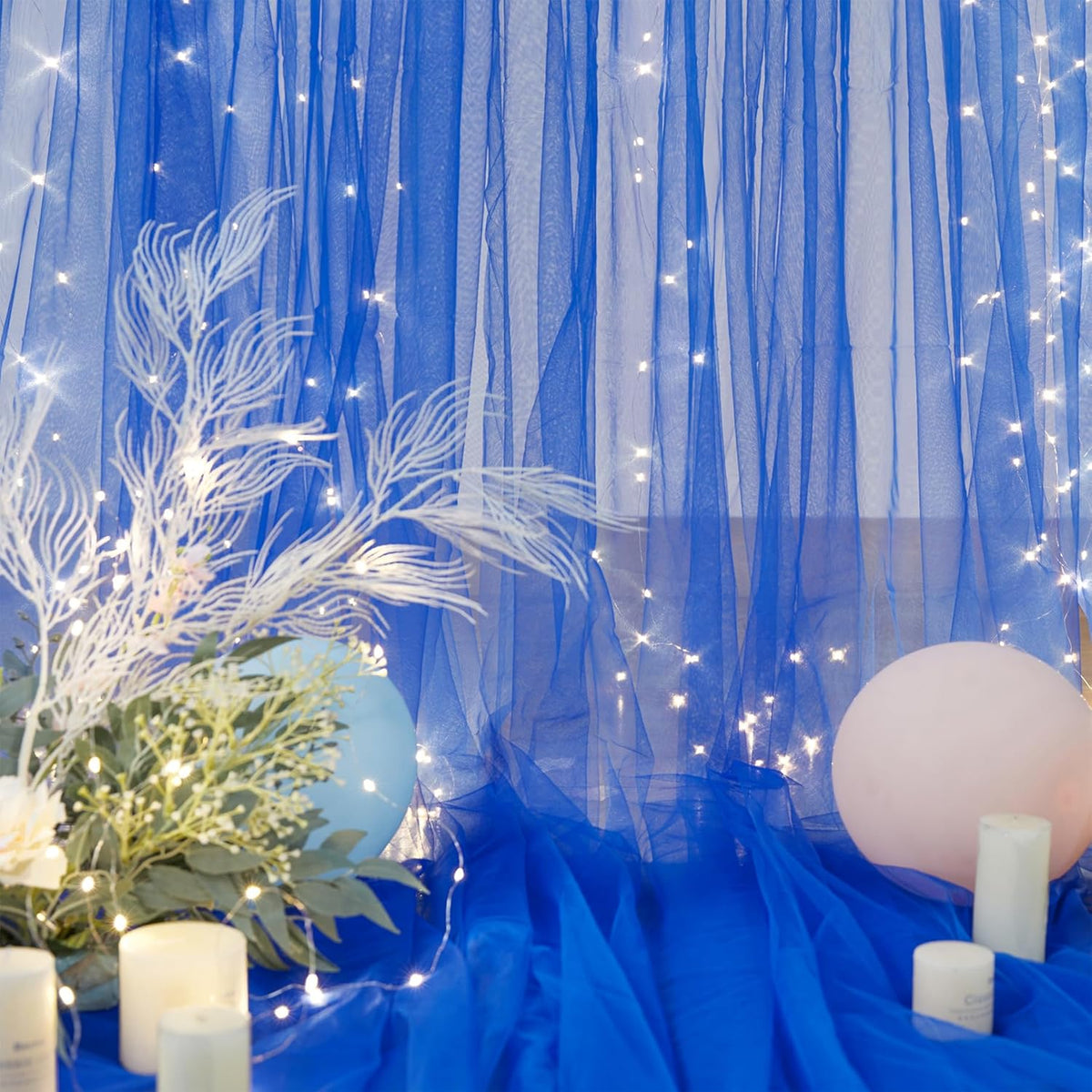 Royal Blue Backdrop Curtains with Lights String for Parites Wedding 10×8ft Sheer Tulle Backdrop