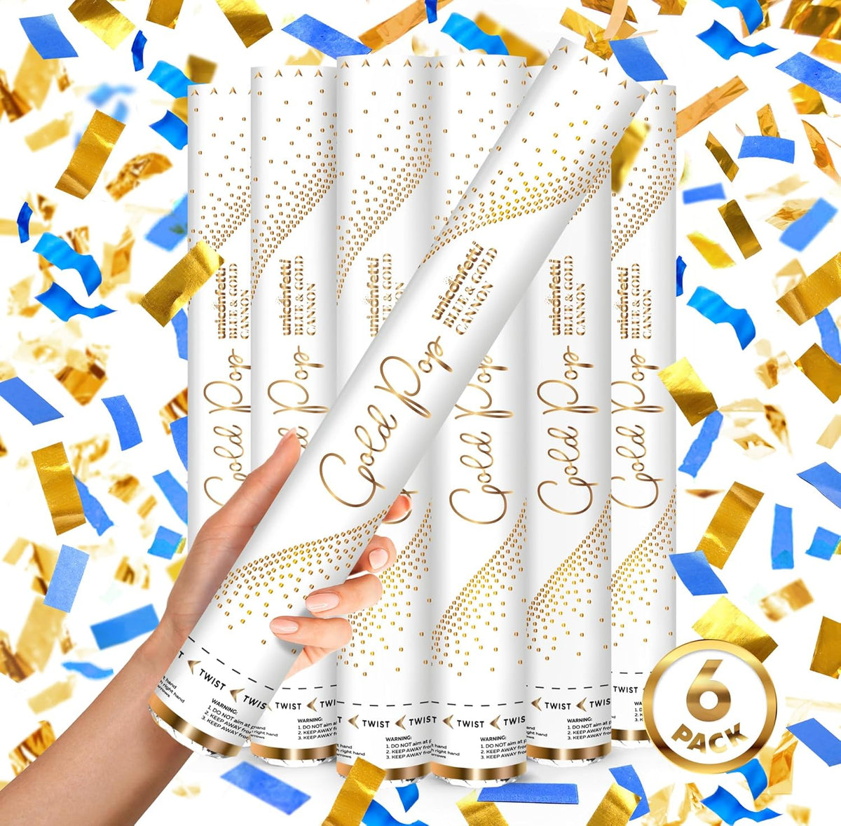 BLUE & GOLD Confetti Poppers - 16" BIODEGRADABLE BLUE & GOLD Confetti Cannon, Party Poppers
