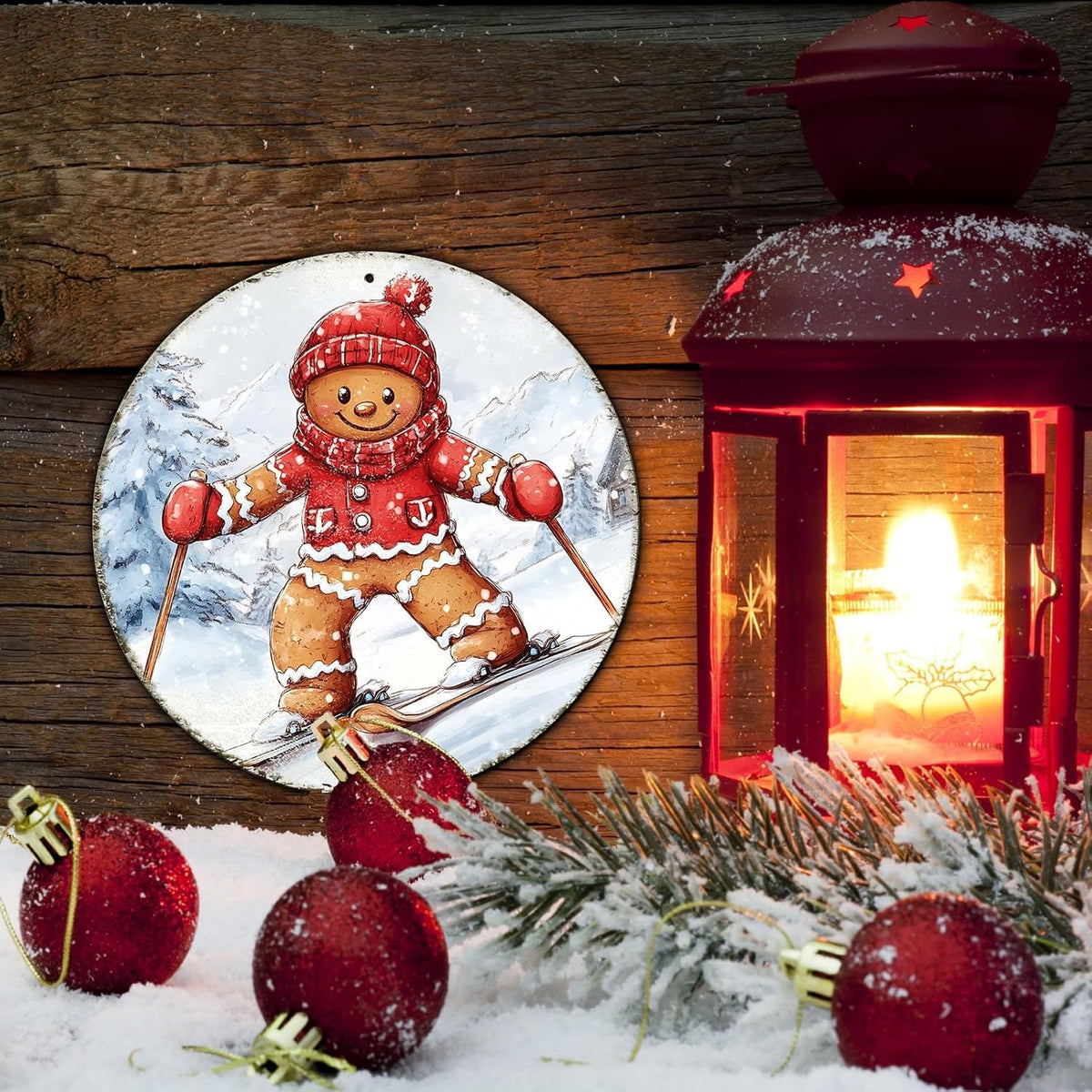 Round Gingerbread Man Ski Vintage Metal Sign Skiing Sign, Office Sign Home Décor Ski Lodge Décor