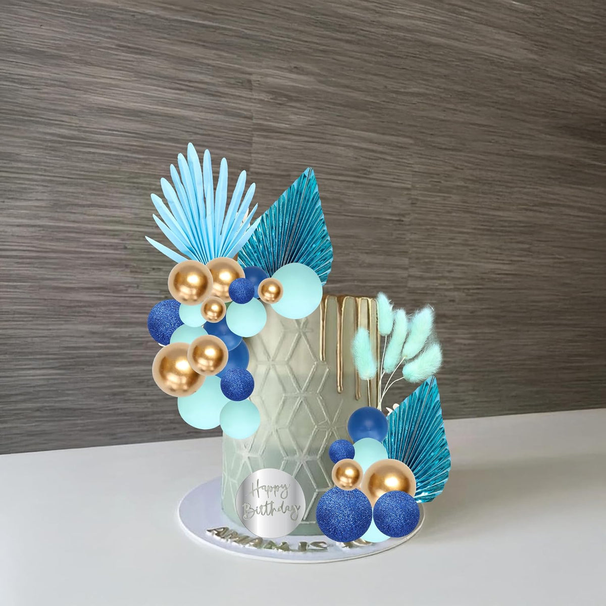Ephlyn 33 Pack Balls Cake Toppers Boho Palm Leaves Cake Decorations Round Acrylic Happy Birthday