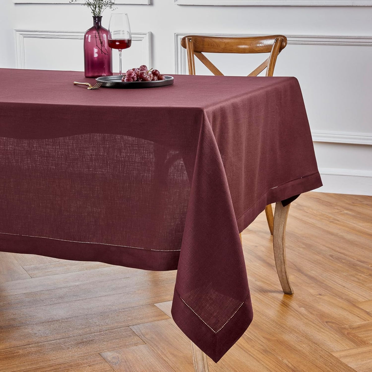 Solino Home Linen Burgundy Tablecloth 60 x 90 Inch - Classic Hemstitch, 100% Pure Linen Rectangular