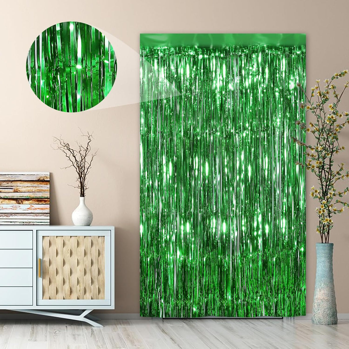 Green Fringe Curtain Party Streamers 2Pack 3.3 x 8.3 Ft Foil Fringe Backdrop Curtains for Birthday