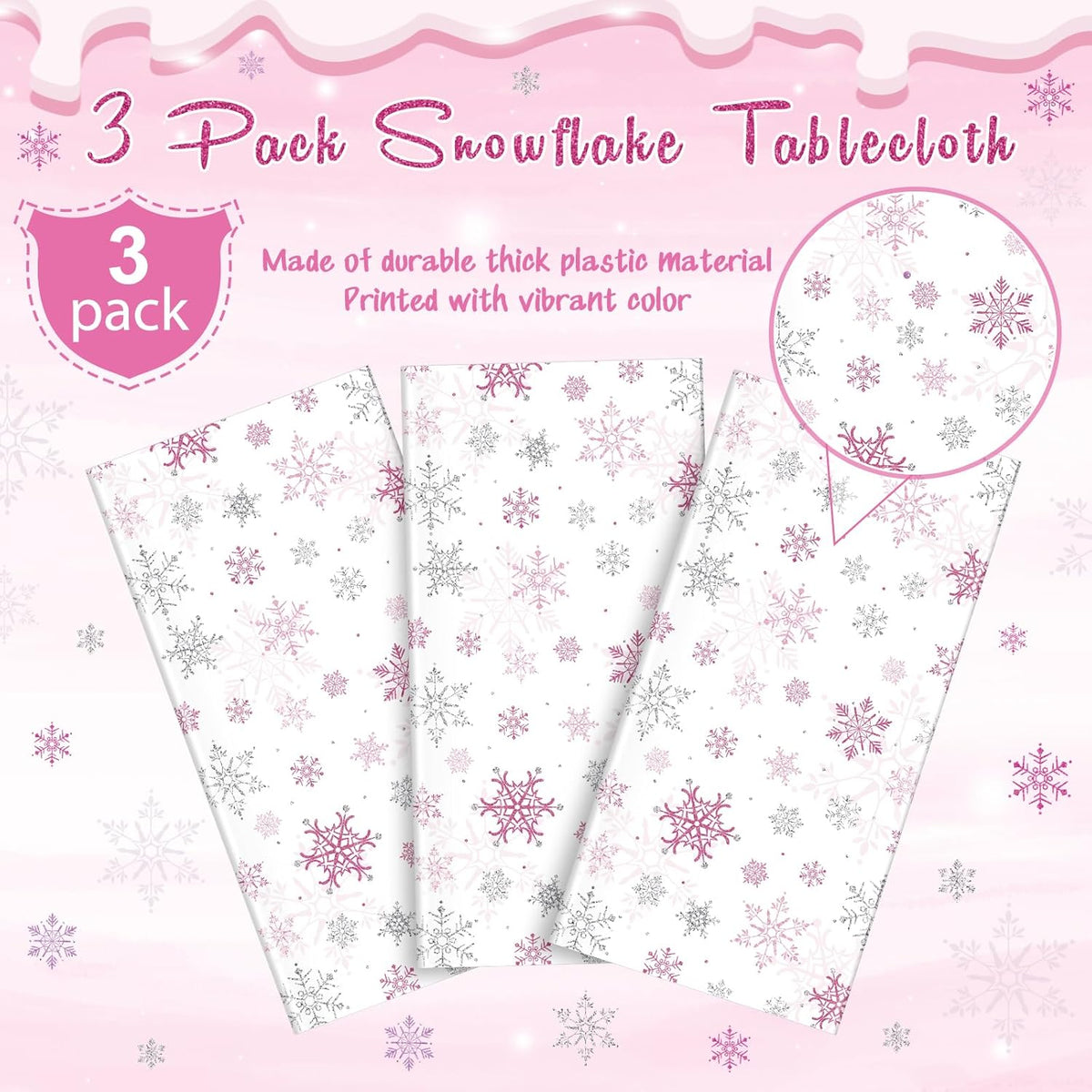 3 Pcs Christmas Snowflake Party Tablecloths Decorations,Plastic Pink Winter Onederland Rectangle