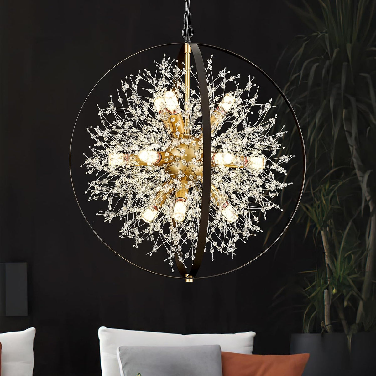 Modern Crystal Chandeliers Firework, 23.2'' Black Gold 12-Light Globe Dandelion Sputnik Chandelier
