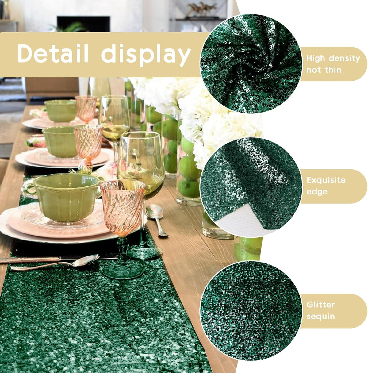2 Packs 12 x 72 inches Sequin Table Runner, Hunter Green Glitter Table Runner for Birthday Party