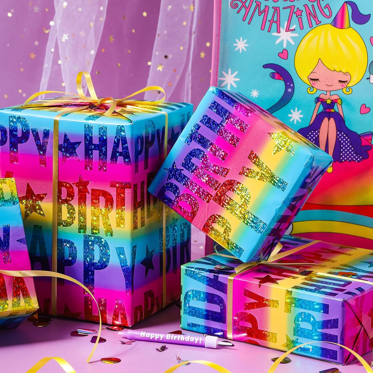 LeZakaa Holographic Birthday Wrapping Paper Roll, Happy Birthday Lettering with Colorful Stars