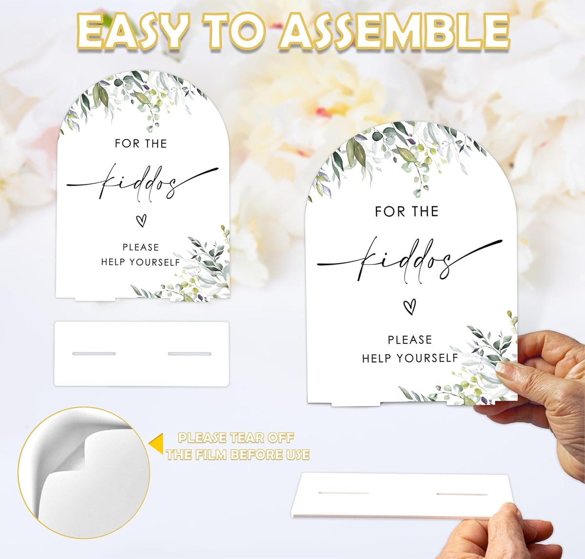 Greenery For the Kiddos Favors Sign, 6 x 8 Inch White Arch Acrylic Wedding Sign with Holder
