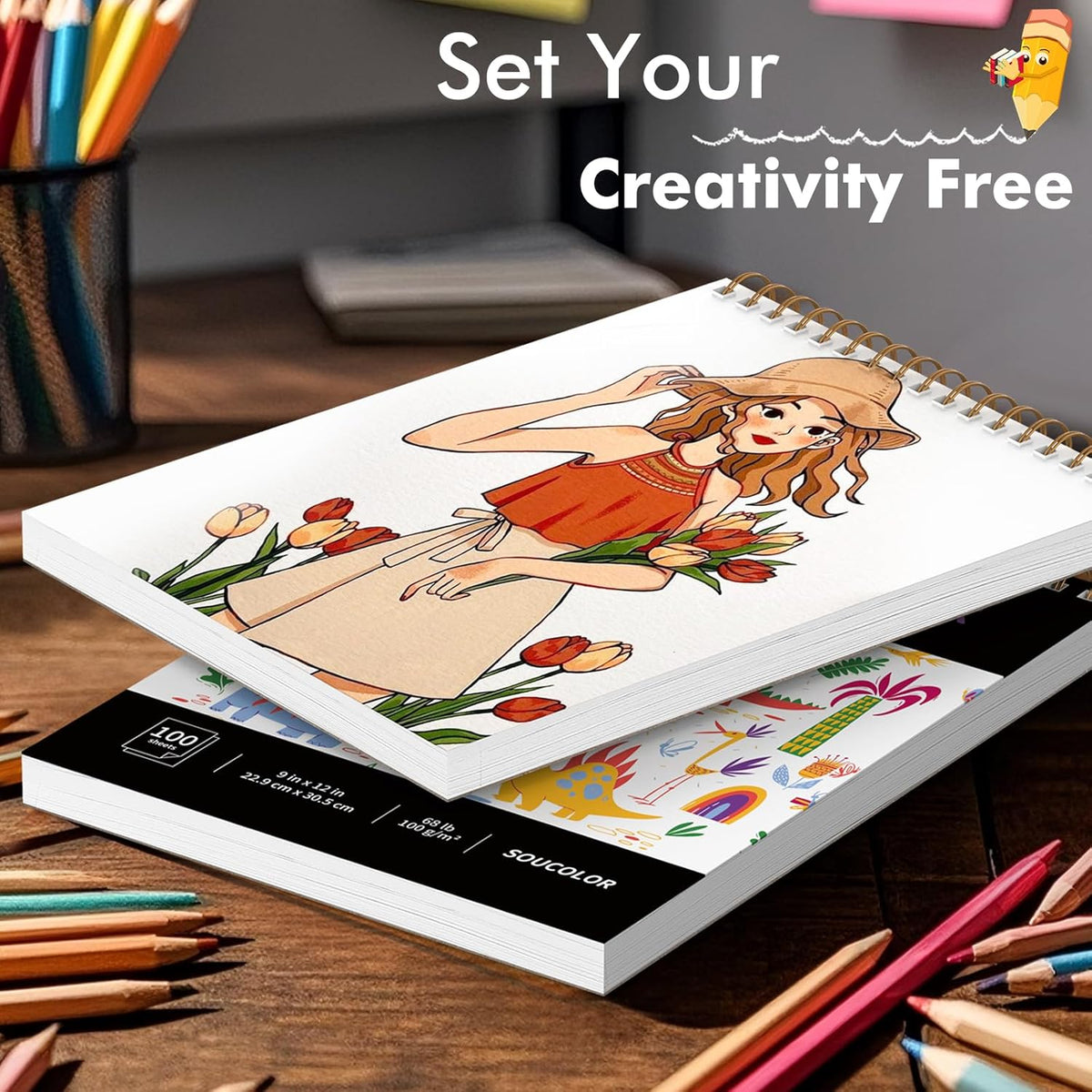 Soucolor 9" x 12" Kids Sketch Book, 100 Sheets Spiral Bound Art Sketchbook, Acid Free Artist