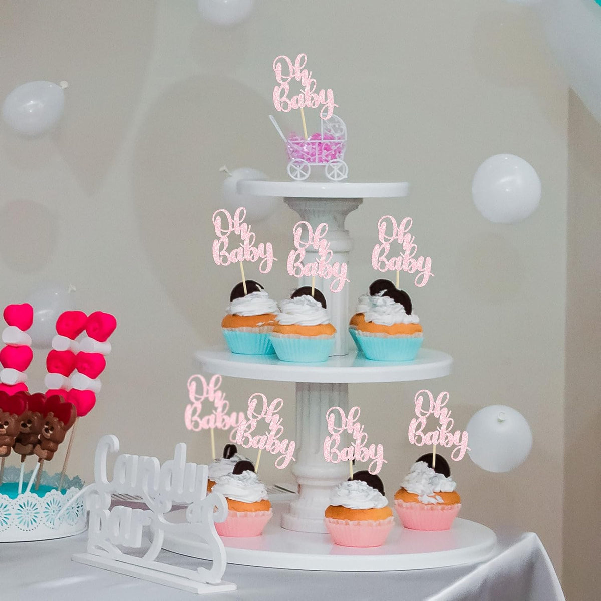 Gyufise 36Pcs Oh Baby Cupcake Toppers Glitter Baby Shower Cupcake Picks for Gender Reveal Baby