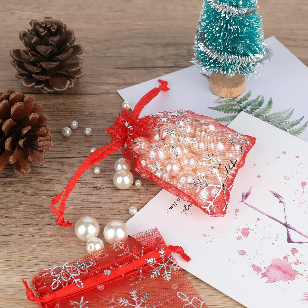 jijAcraft 3x4 Inch Christmas Organza Bags - 50Pcs Red Snowflake Gift Bags with Drawstring, Xmas