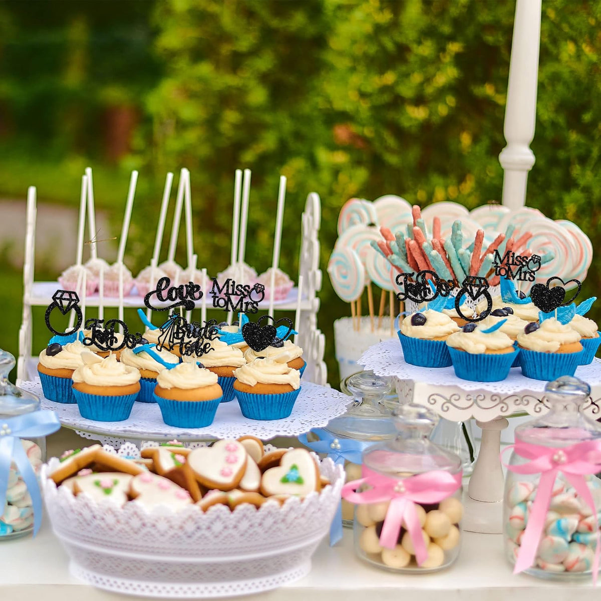 Gyufise 24Pcs Bride to Be Cupcake Toppers Black Glitter I Do Love Heart Ring Miss To Mrs Cupcake