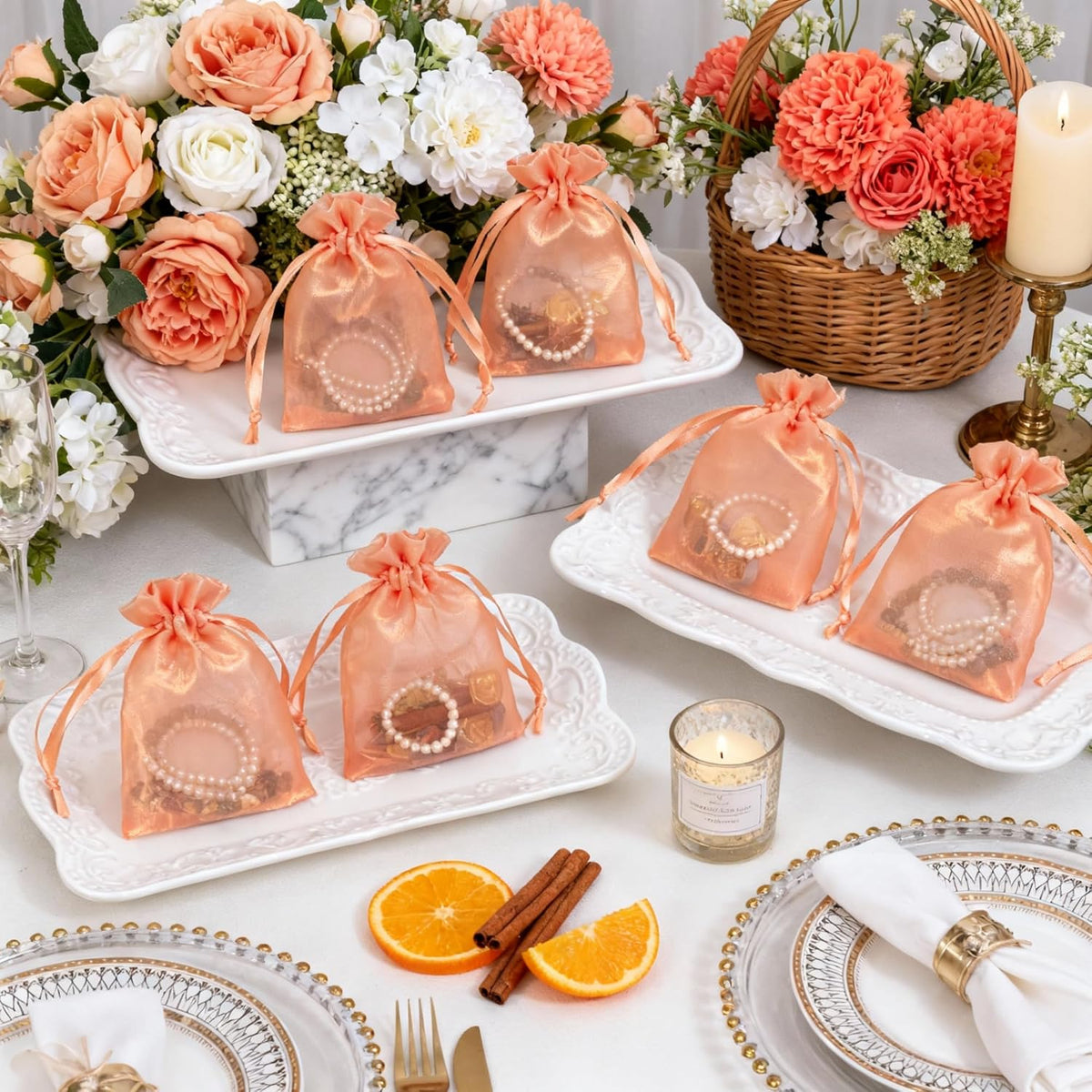 QIANF 20 Pcs Orange Small Organza Bags 4X6 inch for Wedding Favors with Drawstring, Mini Mesh Gift
